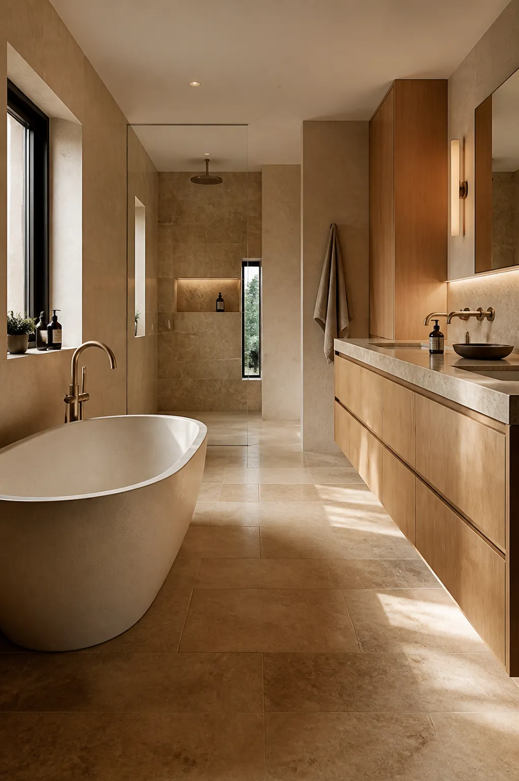 Salle de bain rénovée en pierre naturelle et chêne